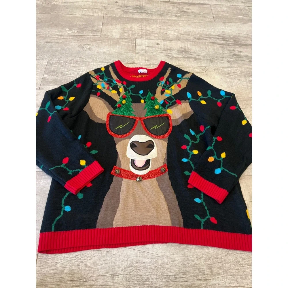 Holiday Time Mens 3XL Ugly Christmas Sweater Reindeer Sunglasses Jingle Bells 3D